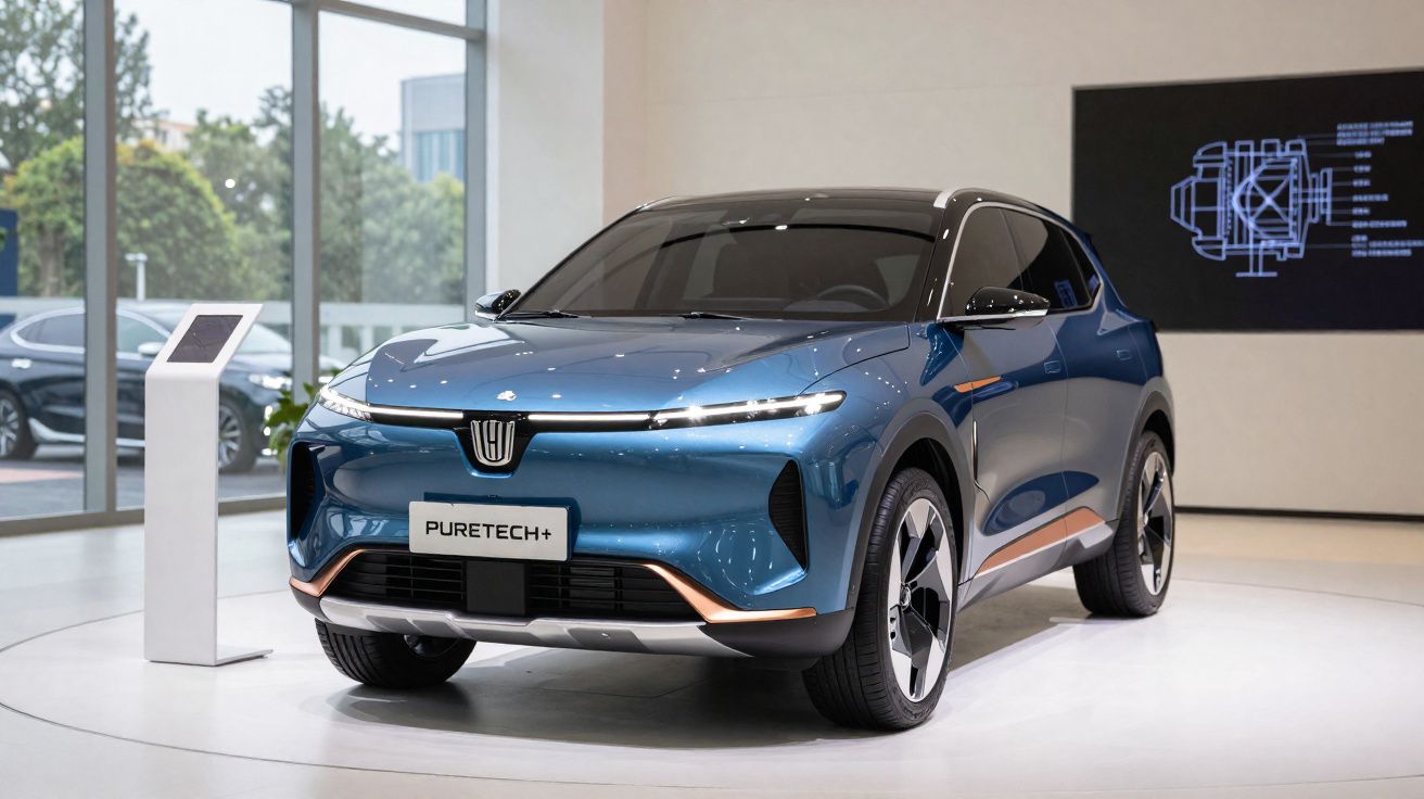Carro elétrico azul modelo SUV exposto em ambiente moderno com placa dianteira Puretech+.