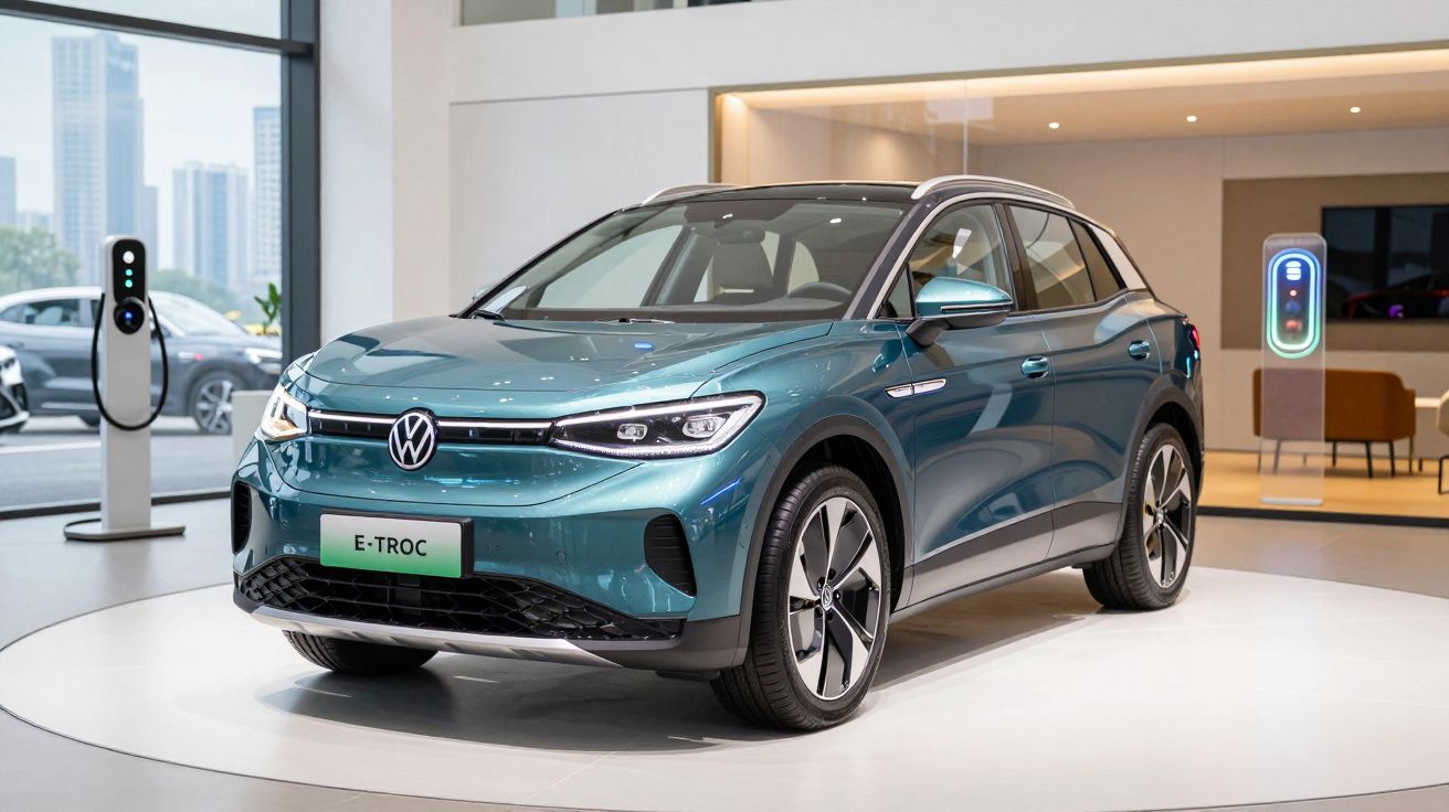 Carro elétrico Volkswagen E-TROC azul exibido em showroom moderno com estação de recarga ao fundo.