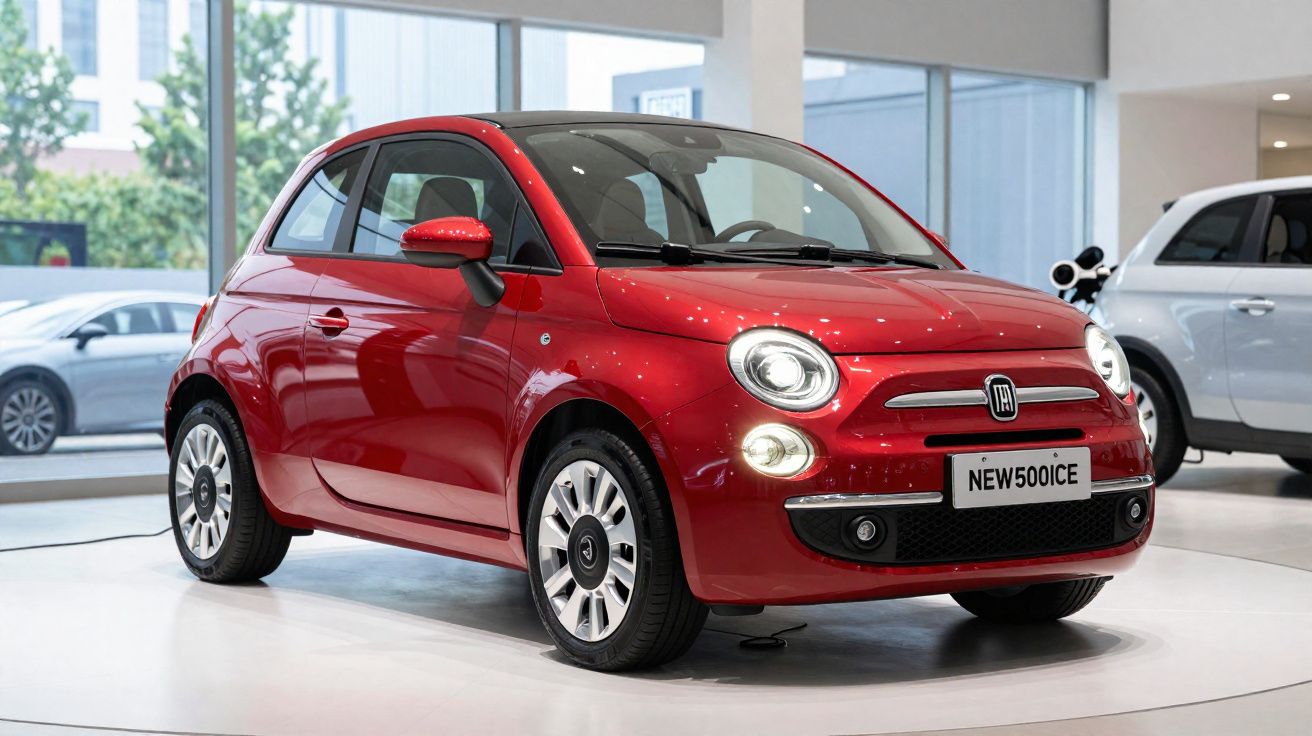Carro Fiat 500 vermelho estacionado dentro de showroom com luz natural entrando pelas janelas.