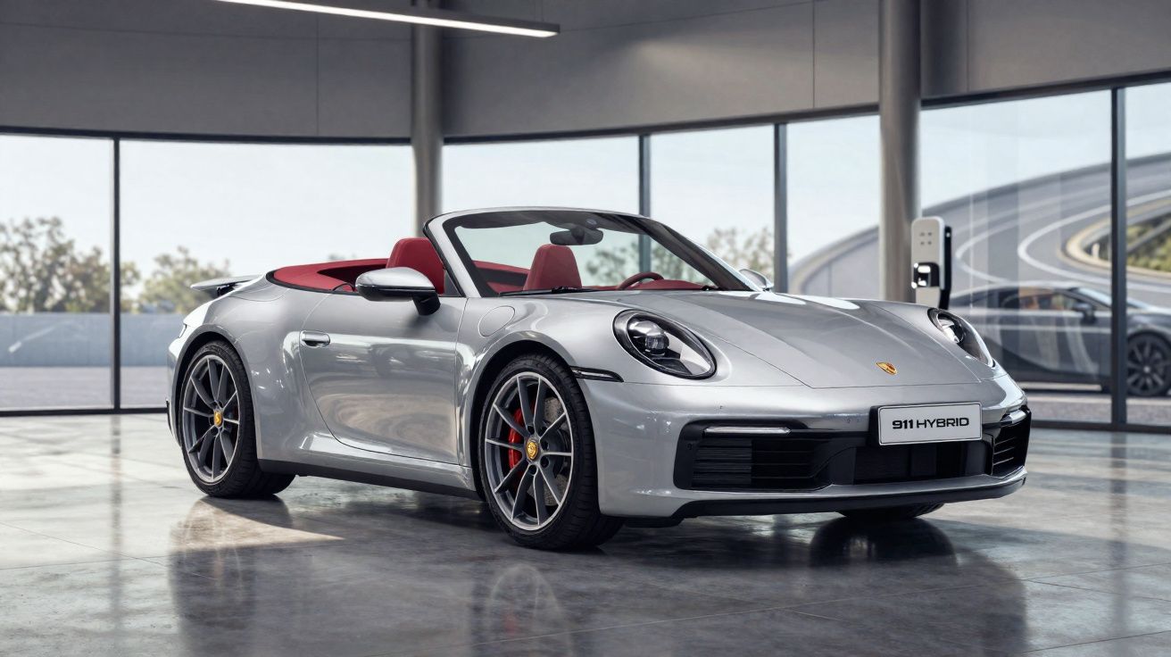 Carro esportivo conversível prata Porsche 911 Hybrid em showroom com interior vermelho.