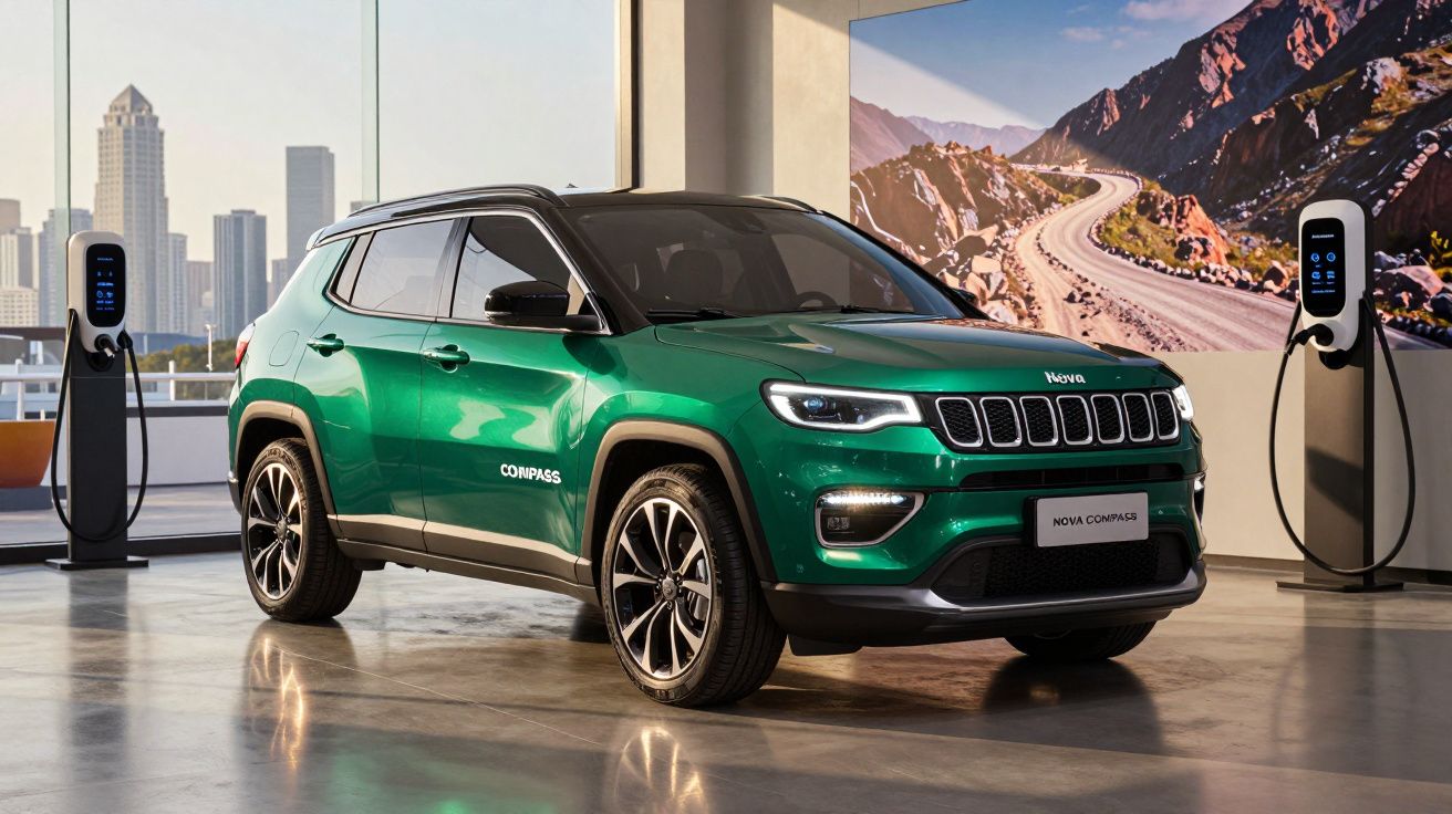 Carro verde Jeep Compass elétrico estacionado em ambiente interno com estações de recarga ao redor.