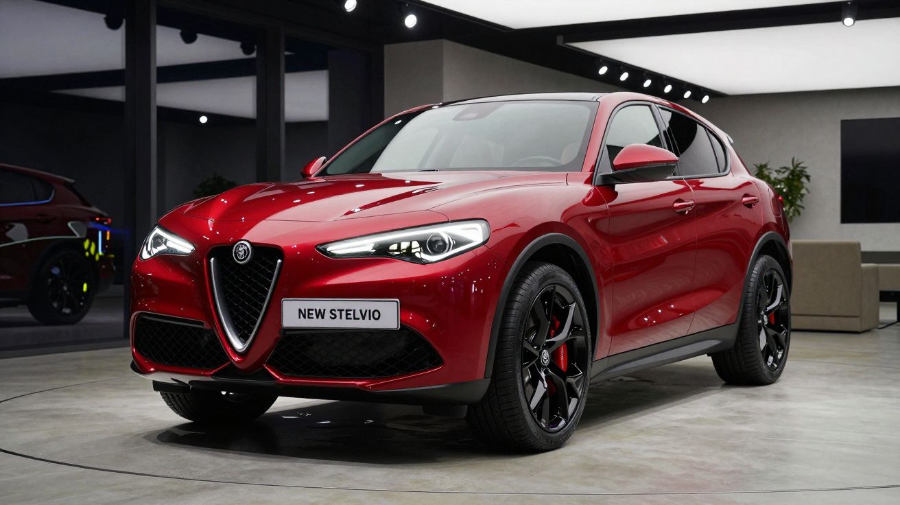Carro Alfa Romeo Stelvio vermelho em exposição, com rodas pretas e detalhes esportivos.