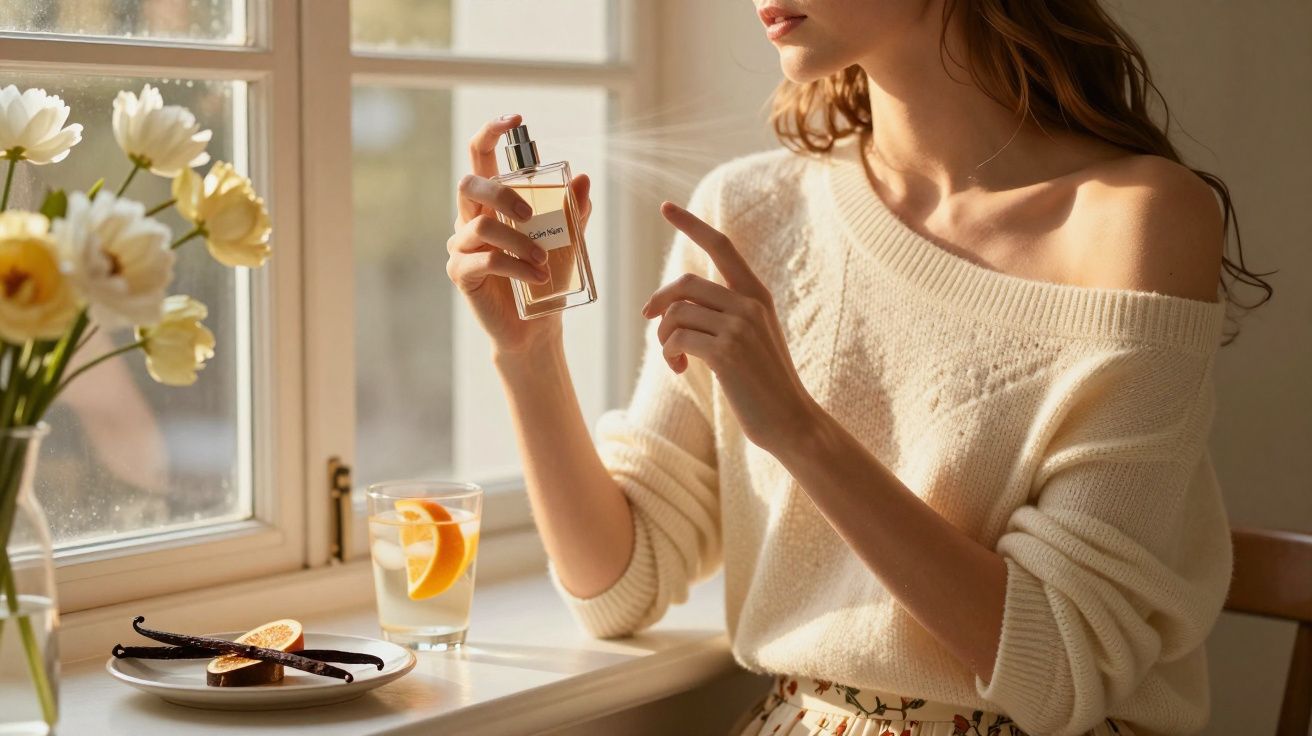 Mulher aplicando perfume próximo à janela com flores, bebida e baunilha sobre a mesa.