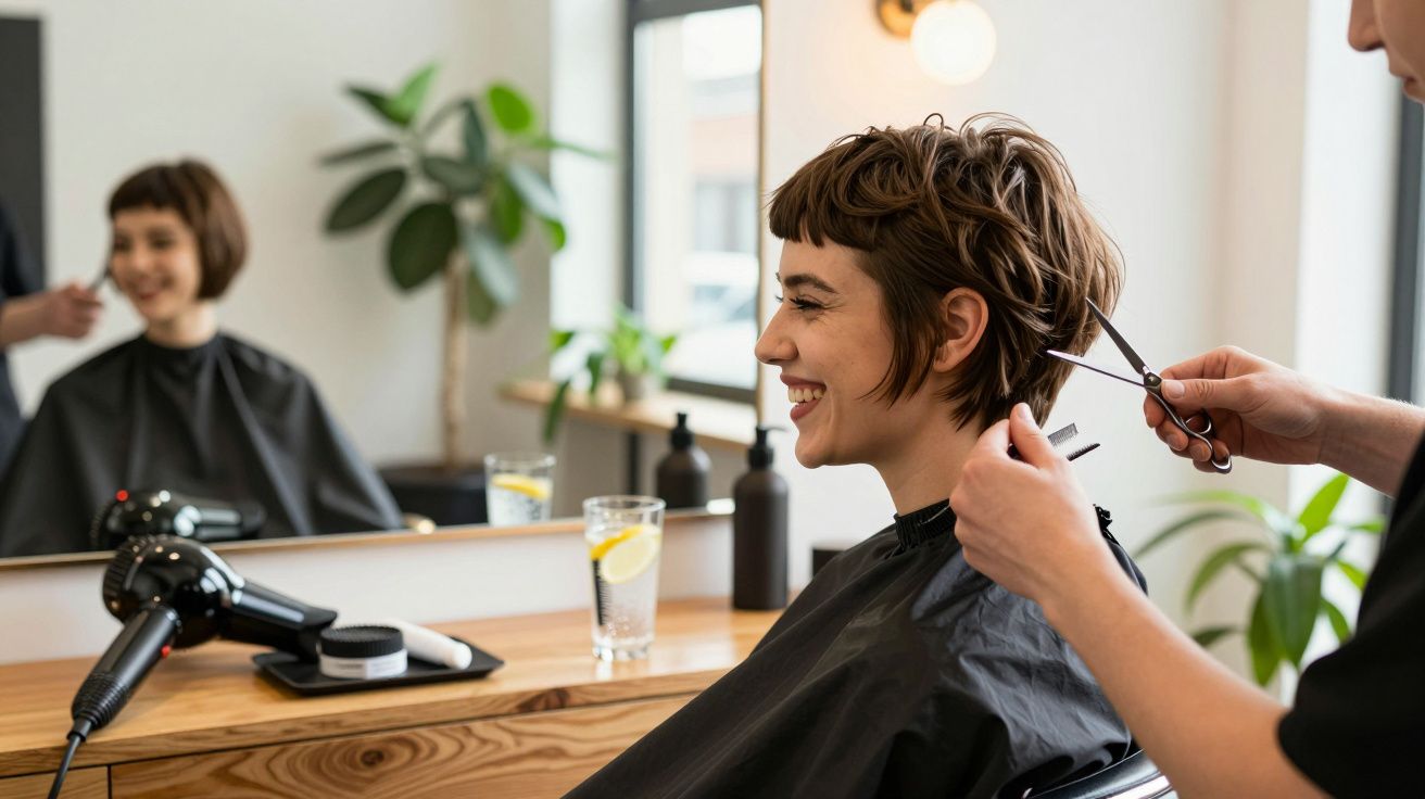 Mulher sorridente fazendo corte de cabelo curto em salão moderno com plantas ao fundo.