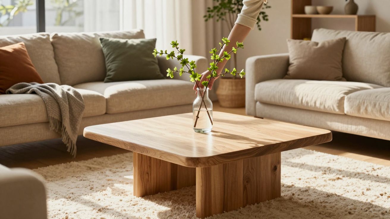 Sala de estar aconchegante com sofá cinza, mesa de centro de madeira e vaso com galhos verdes.
