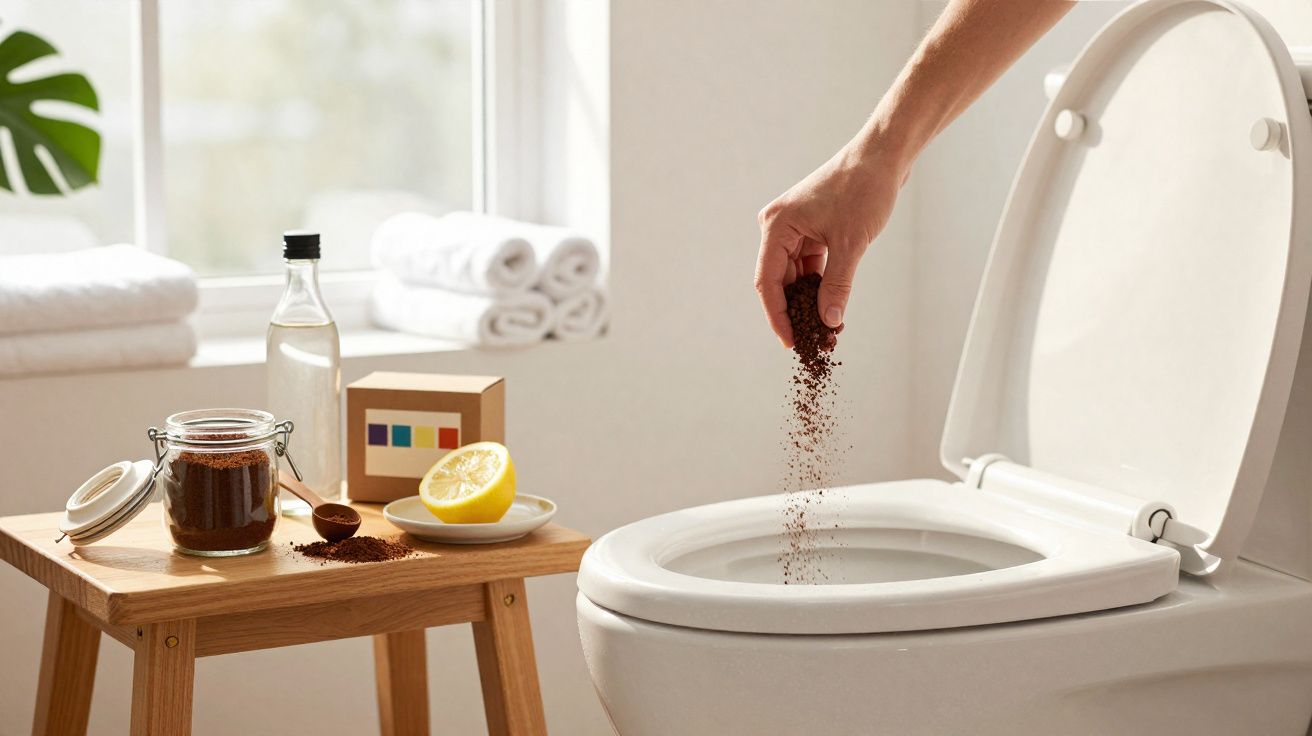 Pessoa despejando pó de café em vaso sanitário ao lado de mesa com limão, vinagre e toalhas dobradas.