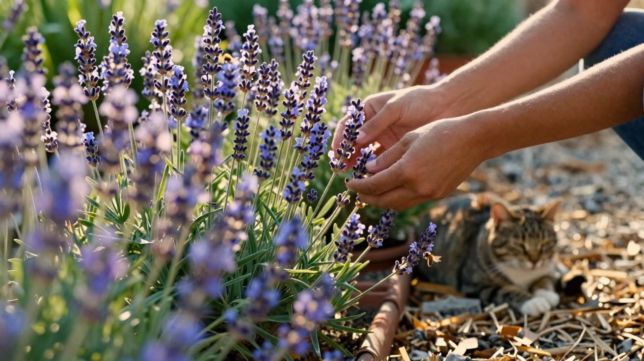 Mãos colhendo flores de lavanda em um jardim com um gato dormindo ao fundo.