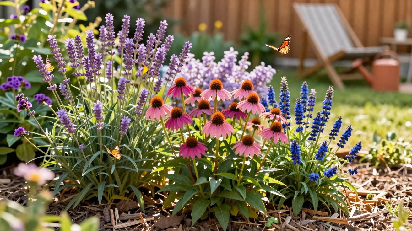 Jardim com flores coloridas, borboletas voando e uma cadeira de descanso desfocada ao fundo.