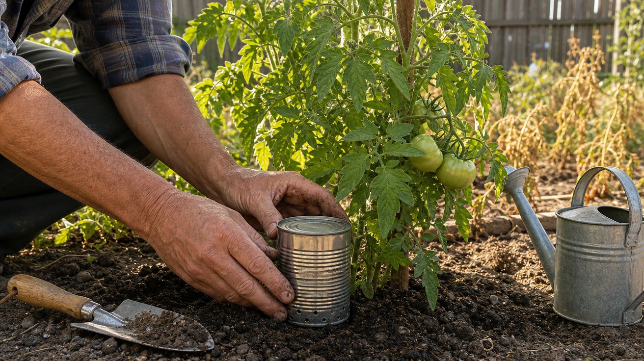 Pessoa colocando lata perfurada no solo próximo a pé de tomate verde em horta, com regador e pá de jardinagem.