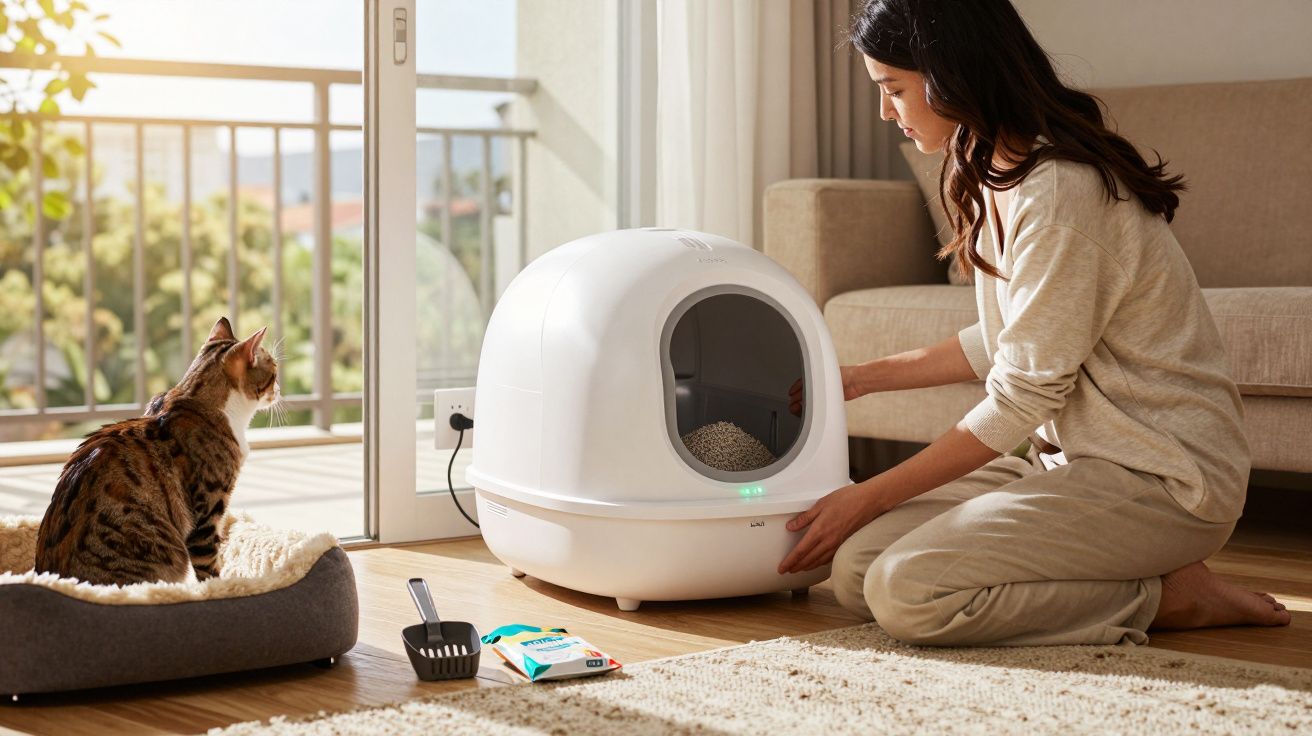Mulher ajusta caixa de areia automática para gato, que observa sentada em cama próxima à porta de vidro.