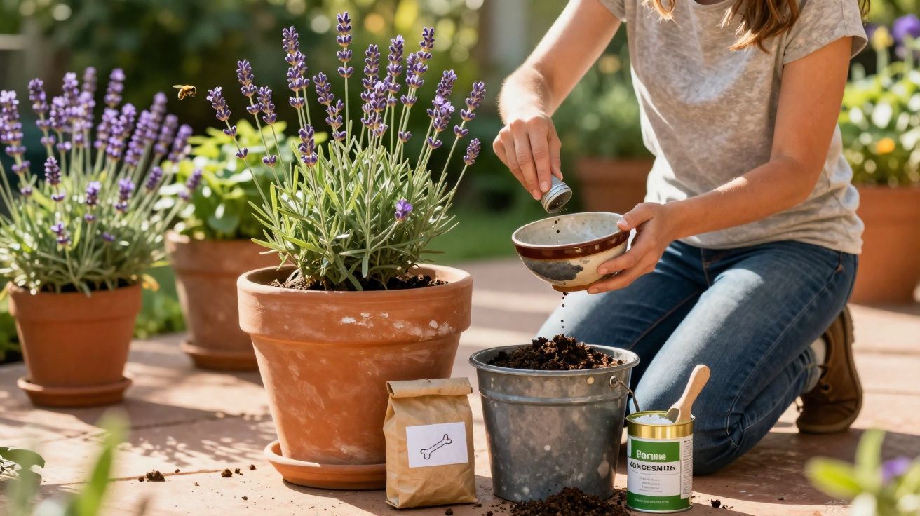 Pessoa plantando sementes em vaso de metal ao ar livre, com vasos de lavanda ao fundo.