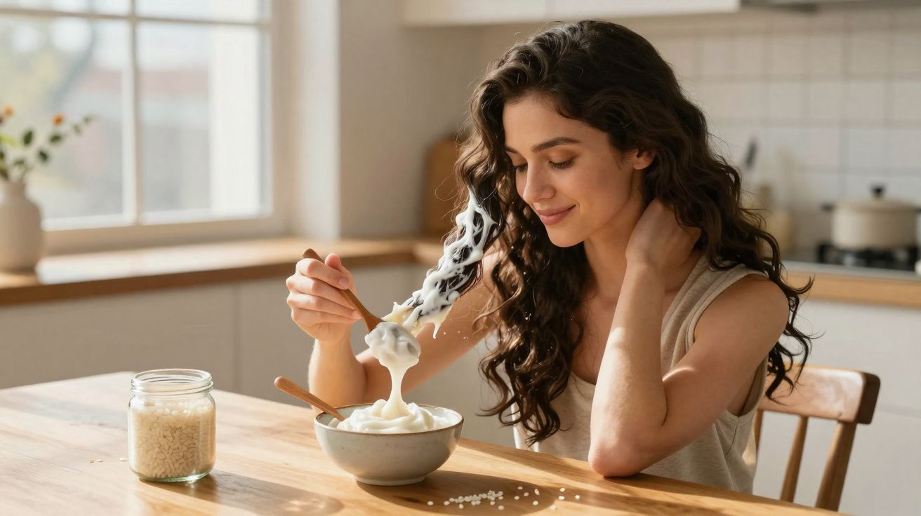Mulher sorrindo segurando colher com sopa cremosa em tigela na cozinha iluminada pela luz natural