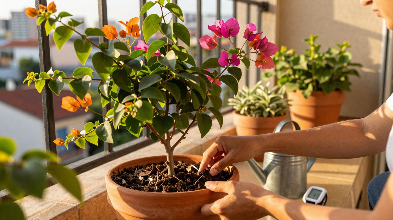 Pessoa cuidando de planta florida em vaso de barro em varanda sob luz do sol ao entardecer.