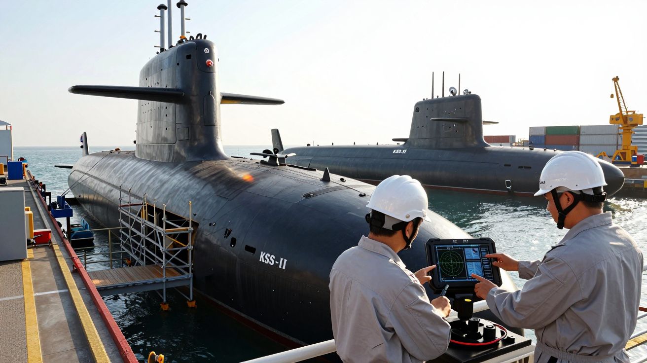 Dois homens com capacetes brancos operam equipamento ao lado de submarinos KSS-II atracados em porto.