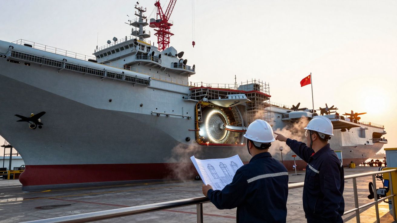 Dois engenheiros com capacetes observam um grande navio de guerra atracado ao pôr do sol.