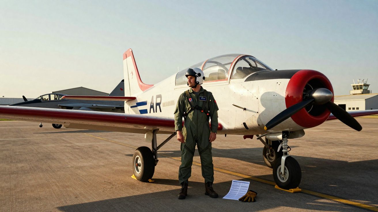 Piloto militar em traje verde com capacete ao lado de avião branco e vermelho em pista de aeroporto.