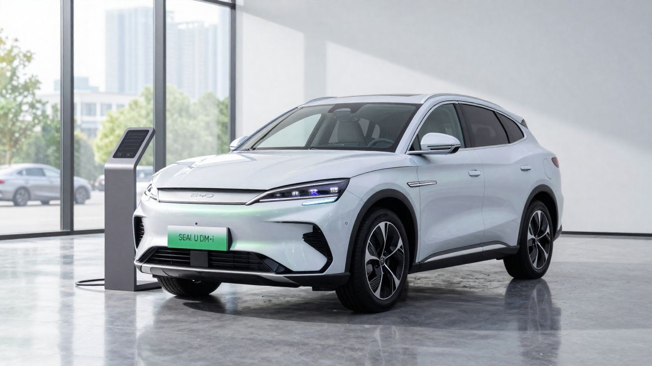 Carro elétrico branco estacionado e conectado para carregamento em ambiente interno com janelas amplas.