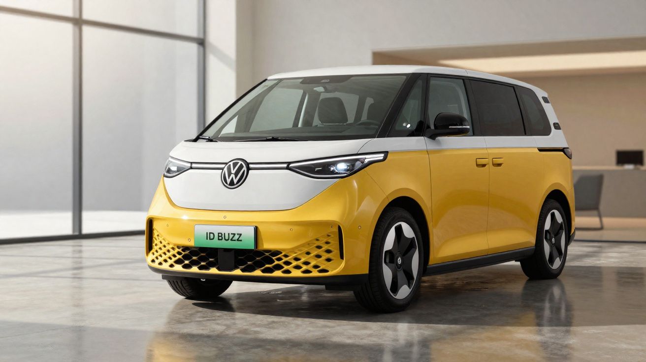 Carro elétrico Volkswagen ID Buzz amarelo e branco estacionado em ambiente interno moderno.