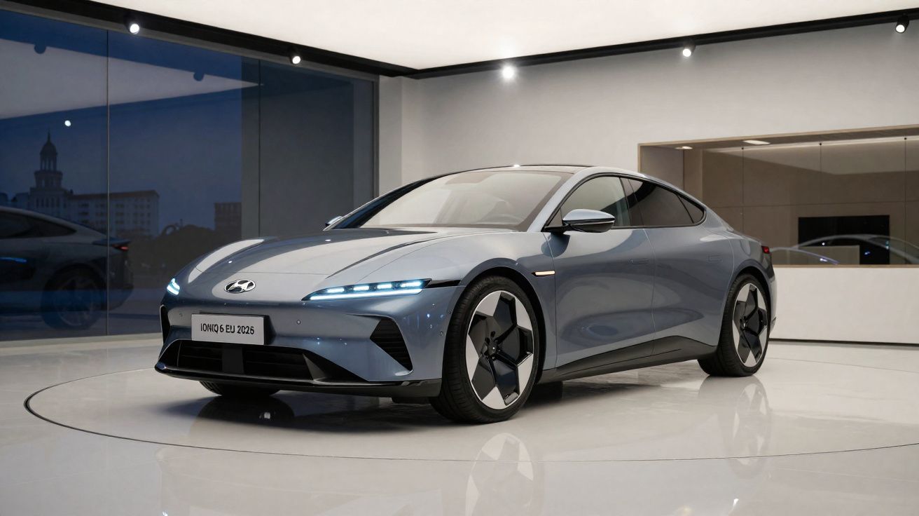 Carro elétrico Hyundai Ioniq 6 cinza em exposição moderna com piso branco e iluminação interna suave.