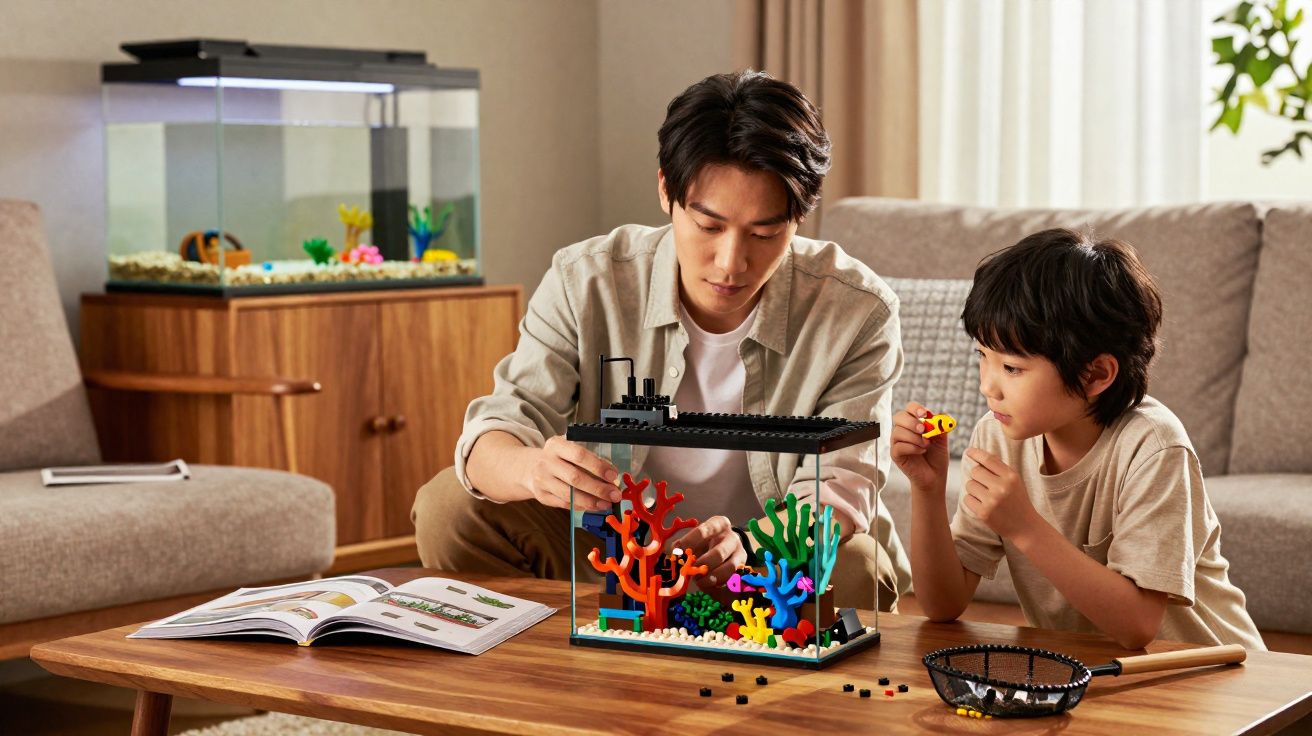 Homem e menino montam aquário de brinquedo colorido em mesa de madeira na sala.