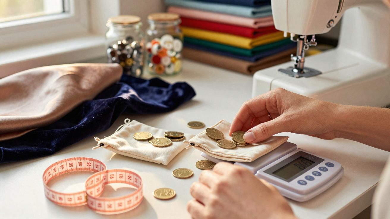 Mesa de costura com moedas, sacos, fita métrica, máquina de costura e calculadora digital.