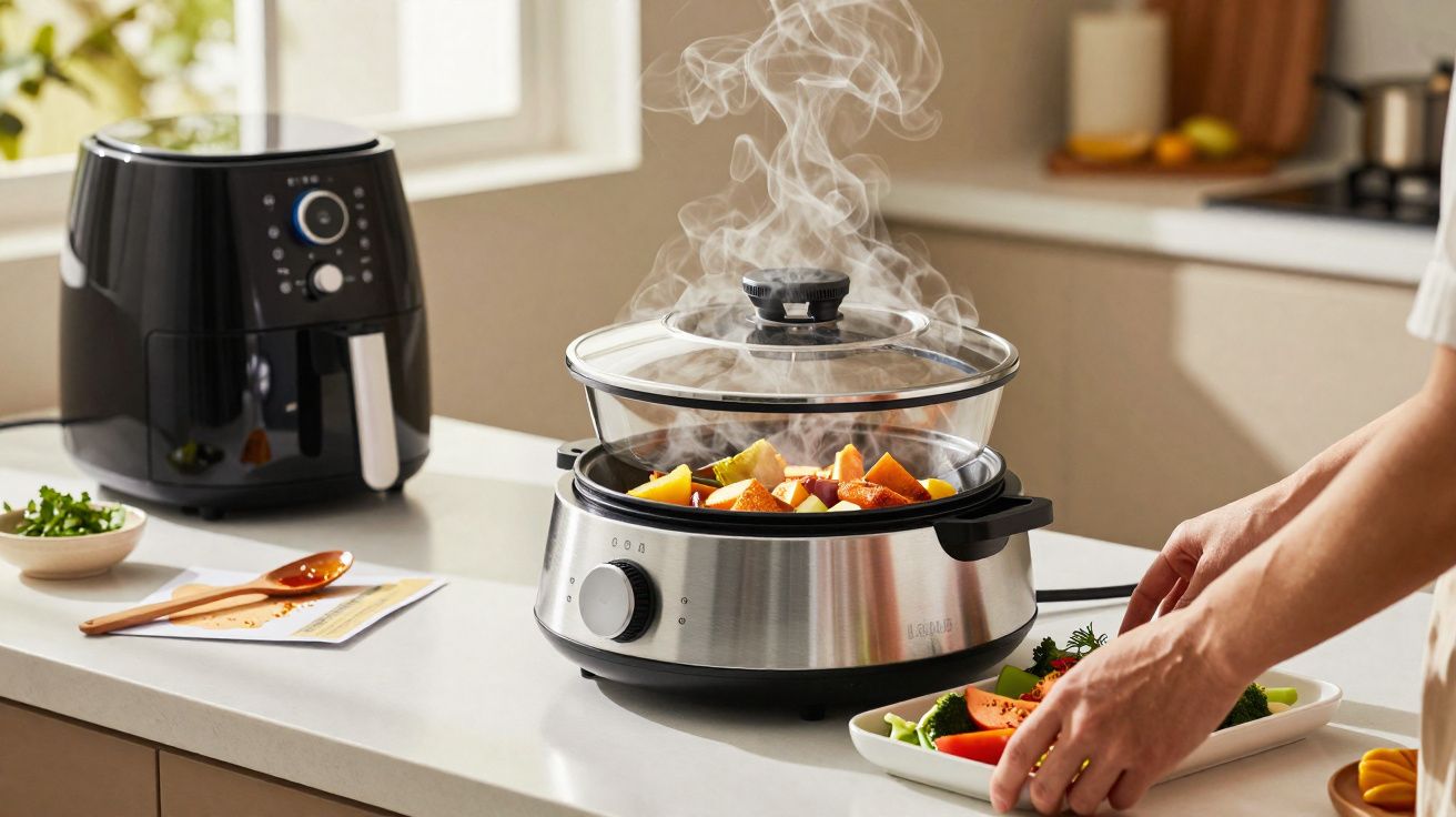 Panela elétrica de vidro com vapor saindo, cooktop na bancada e pessoa servindo salada.