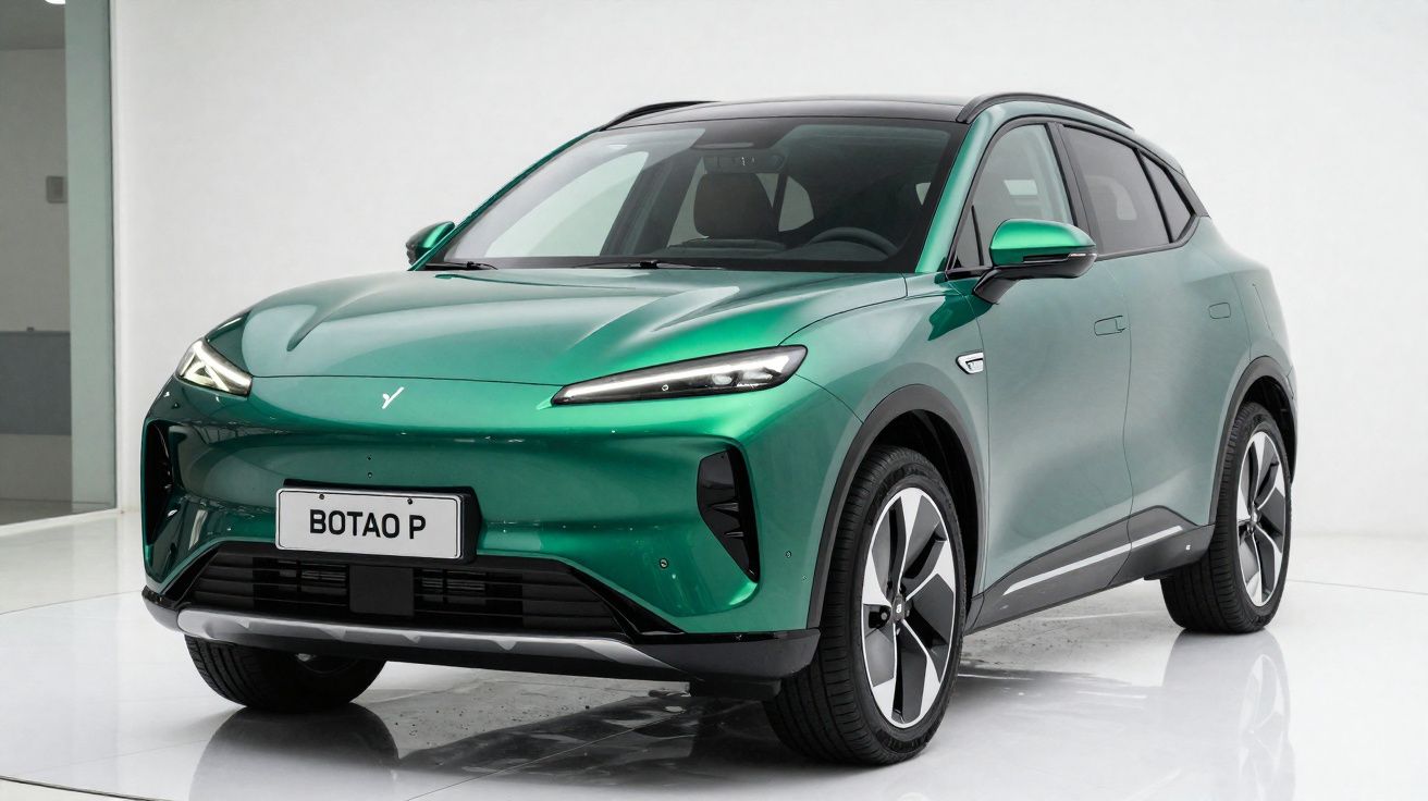 Carro SUV elétrico verde metálico em estúdio com fundo branco, vista frontal direita.