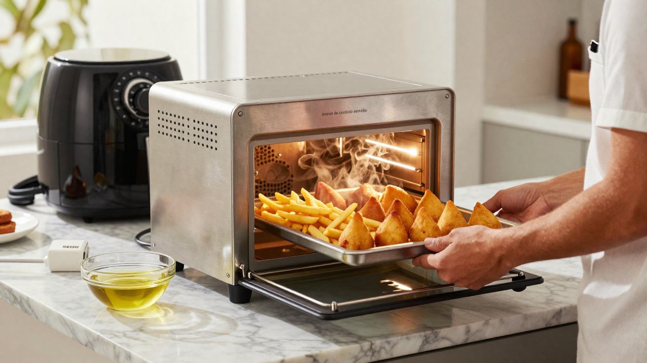 Pessoa retirando bandeja com salgados e batatas fritas de forno elétrico em cozinha moderna.