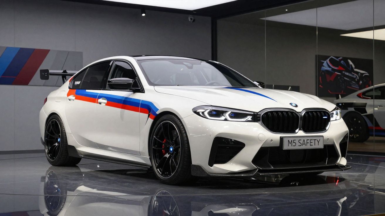 Carro esportivo BMW branco com faixa tricolor azul vermelha e preta em estúdio moderno refletido no piso brilhante.