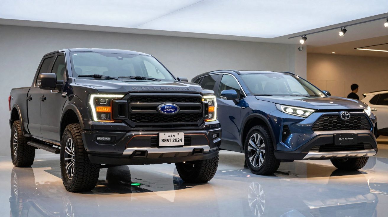 Picape Ford preta e SUV Toyota azul expostas em salão de automóveis moderno e iluminado.