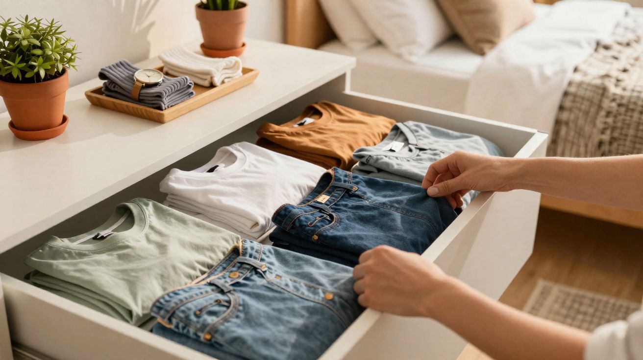 Mãos organizando roupas dobradas em gaveta branca, com plantas e cama ao fundo.