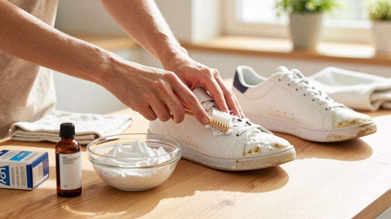Pessoa limpando tênis branco sujo com escova e produtos de limpeza sobre mesa de madeira.