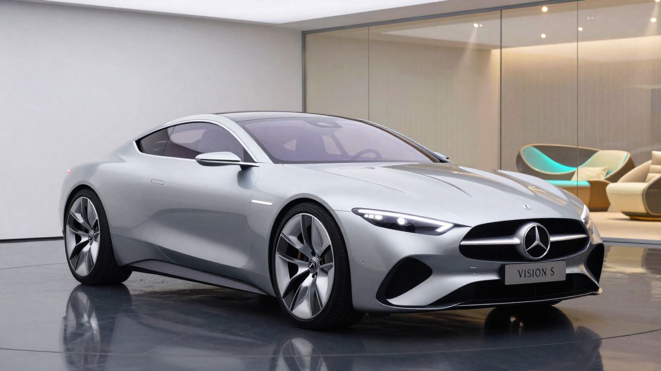 Carro esportivo prata Mercedes-Benz Vision S em showroom com piso brilhante e parede de vidro ao fundo.