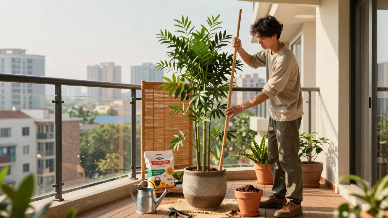 Homem regando planta grande em vaso no terraço de apartamento com cidade ao fundo.