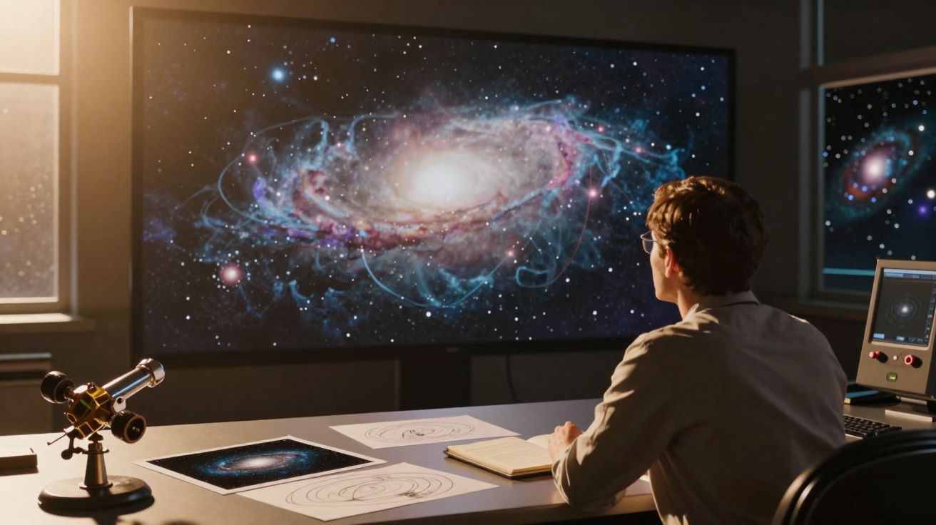 Homem olhando para projeção digital de galáxia em tela grande com computador e desenhos de espaço na mesa.