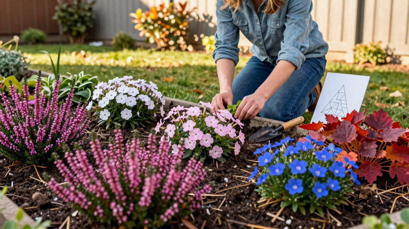 Pessoa cuidando de flores coloridas em um jardim com ferramentas e desenho de suporte para plantas.
