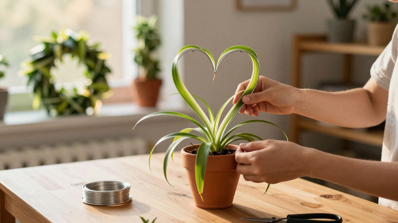 Pessoas moldando folhas de planta em formato de coração em vaso sobre mesa de madeira.
