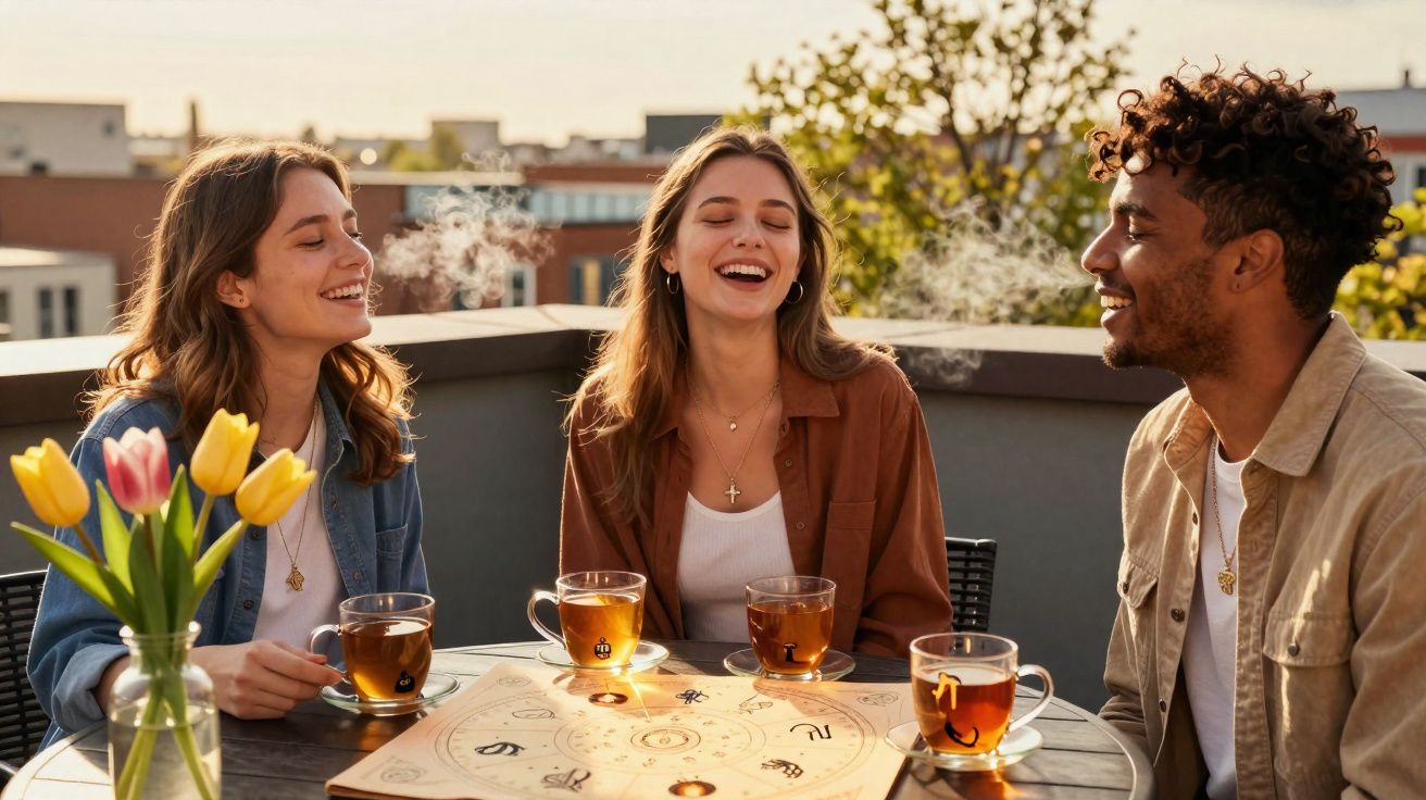 Três amigos sorrindo, tomam chá ao ar livre em uma mesa com um tabuleiro e flores ao lado.