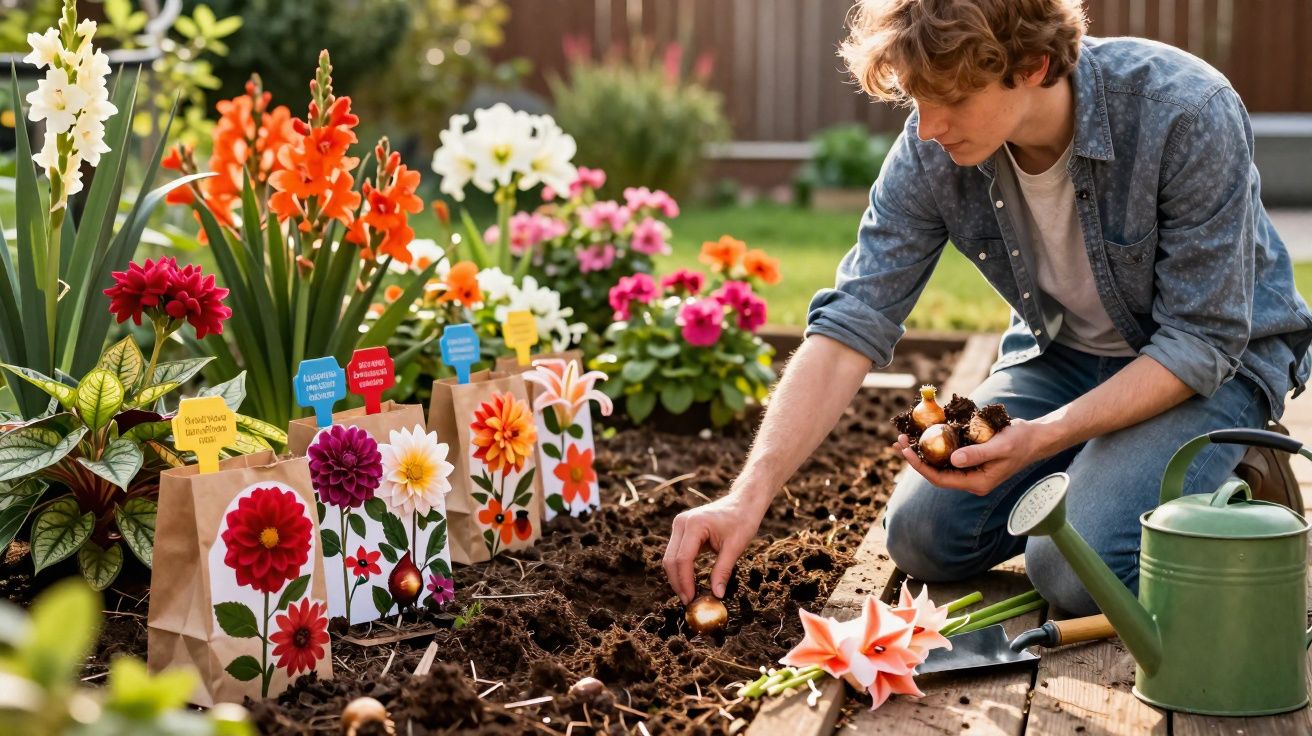 Jovem plantando bulbos em jardim com flores coloridas e regador ao lado em tarde ensolarada.