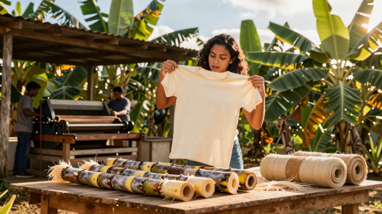 Mulher segurando camiseta em plantação de banana com varas de bambu e fios sobre mesa de madeira.