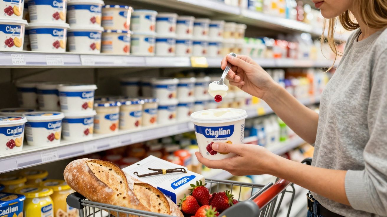 Mulher experimenta iogurte de frutas em supermercado com carrinho cheio de pão, morangos e leite.
