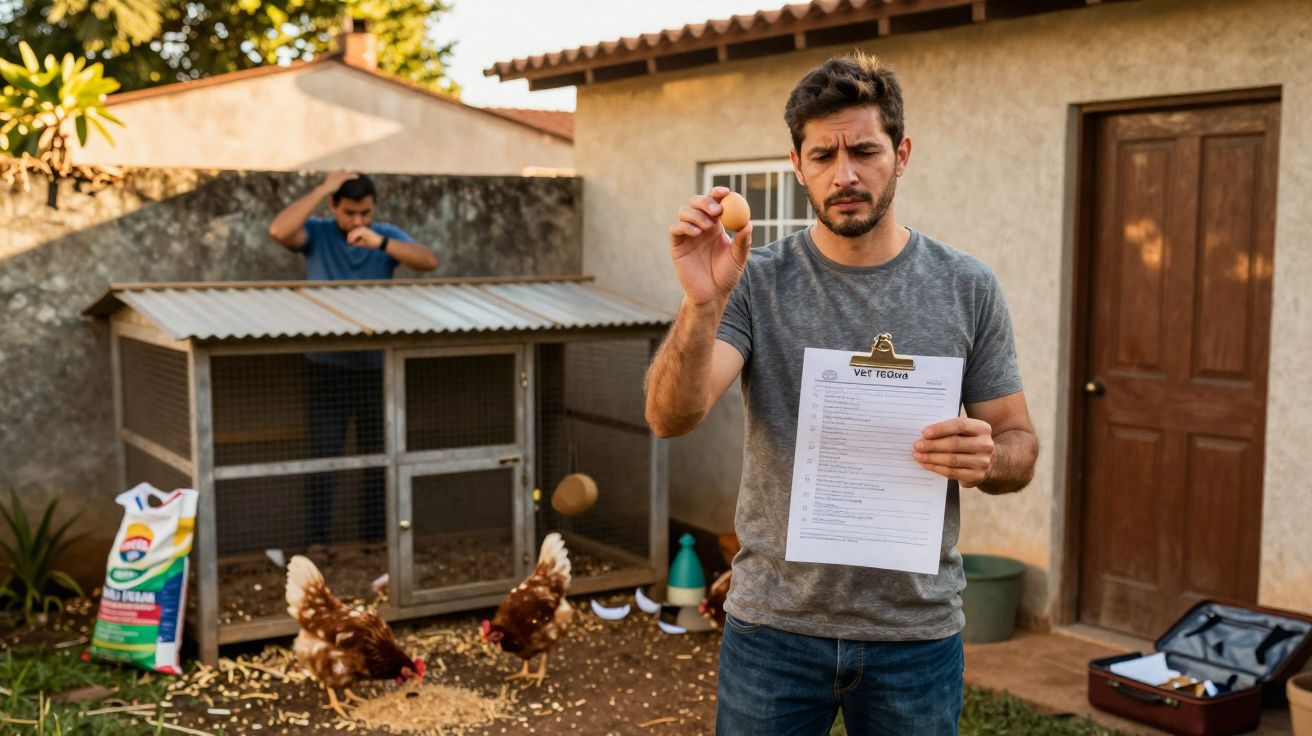 Homem segurando ovo e documento ao lado de galinheiro com galinhas em quintal residencial.