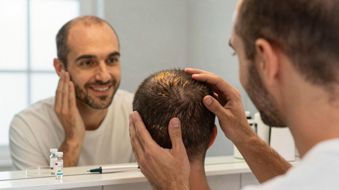 Homem observa queda de cabelo no espelho enquanto toca a cabeça com as mãos em banheiro.