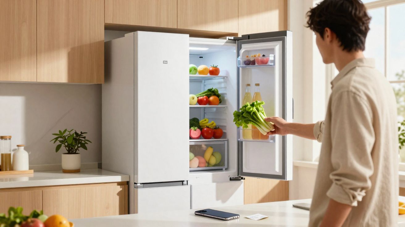 Pessoa segurando talo de salsinha em cozinha moderna, com geladeira branca aberta cheia de frutas e vegetais.