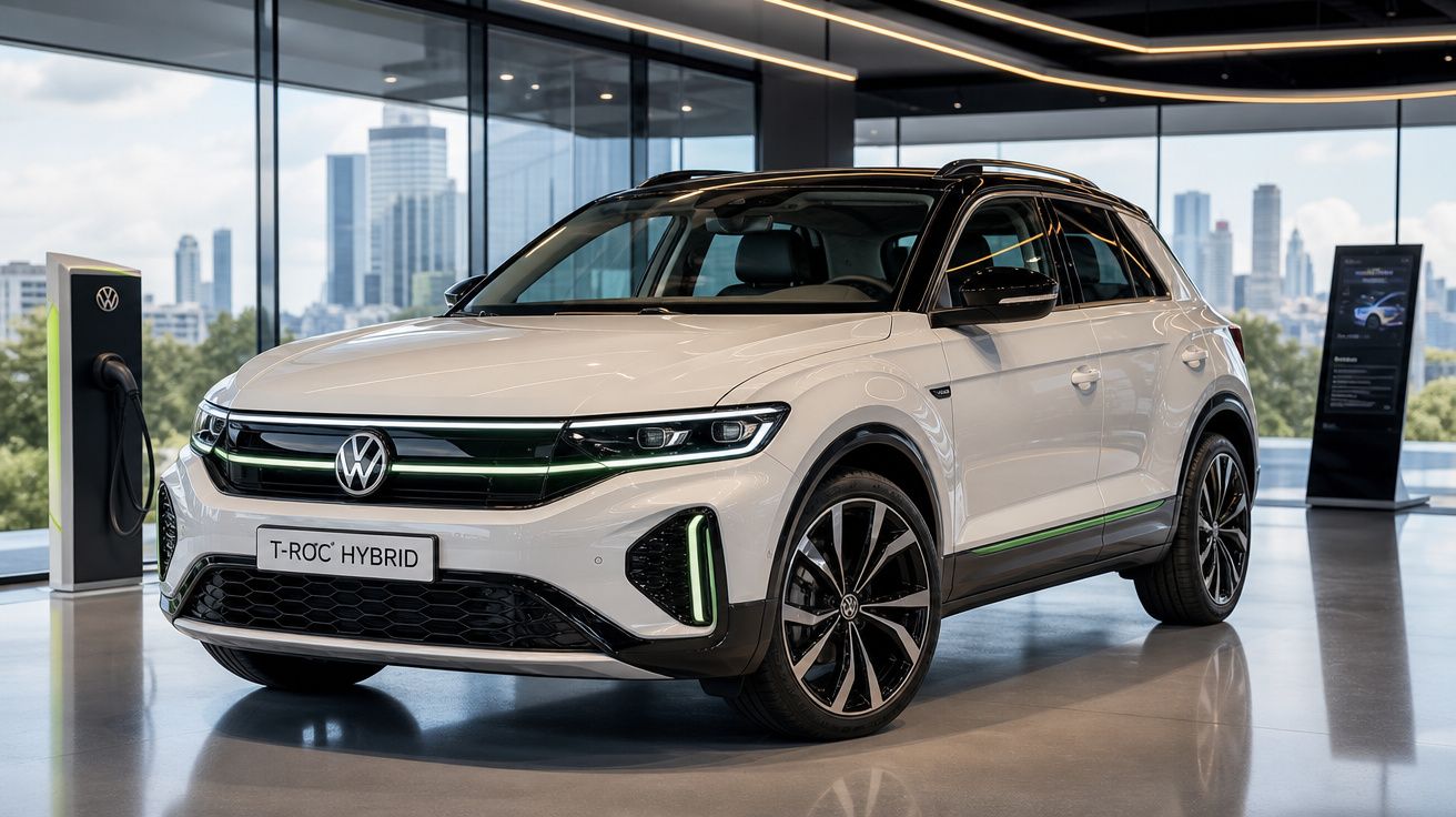 Carro Volkswagen T-Roc Hybrid branco estacionado em showroom moderno com painel de vidro e cityscape ao fundo.