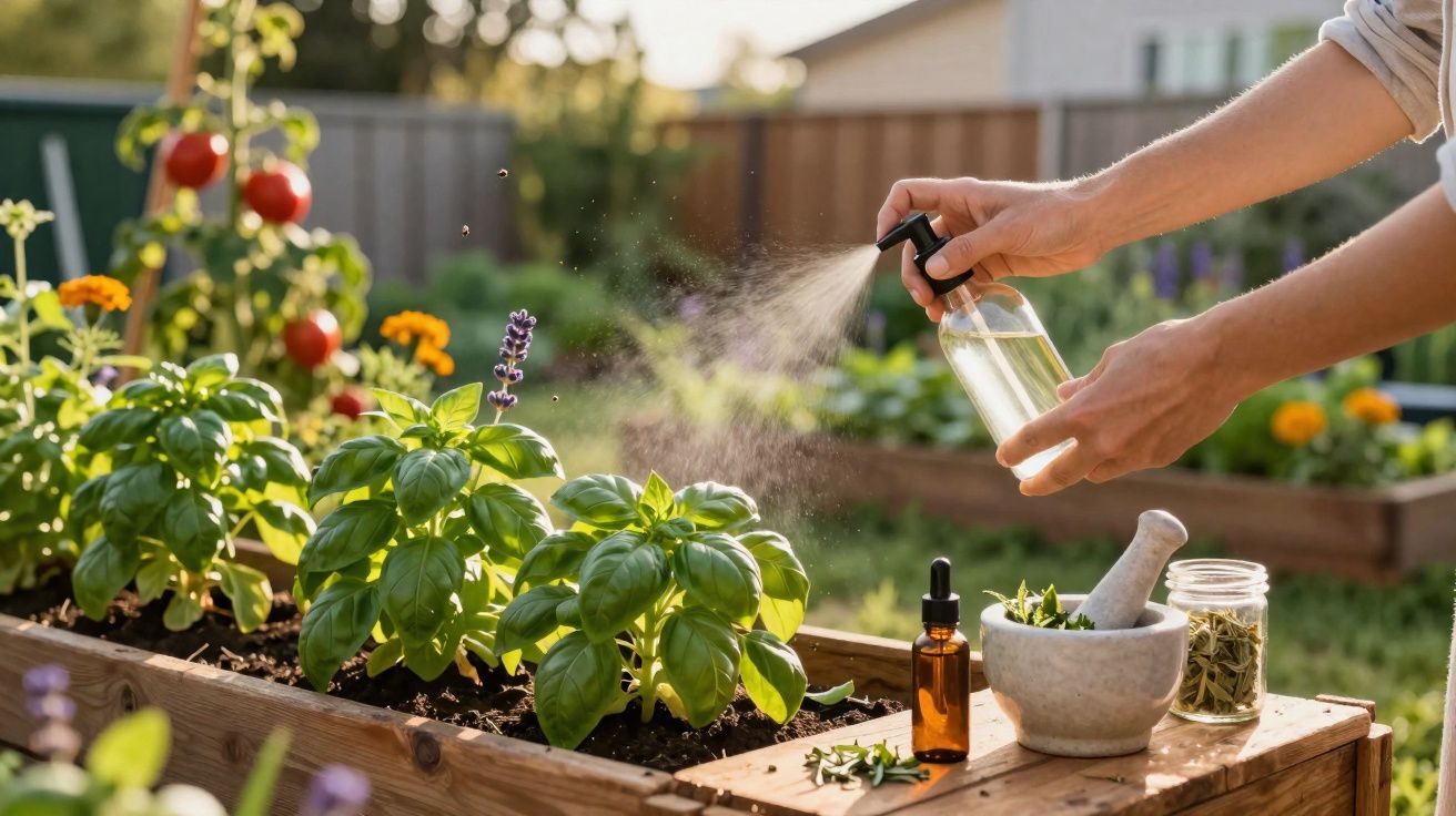 Pessoa borrifando plantas em canteiro de jardim com tomates e ervas aromáticas ao fundo.