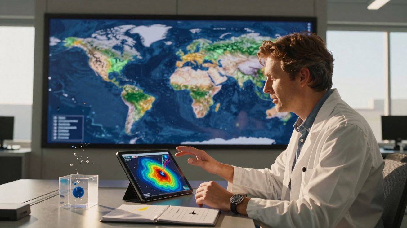 Homem cientista analisa tablet com mapa de calor, com mapa-múndi grande ao fundo em escritório moderno.