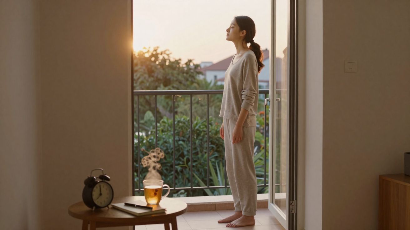 Mulher de pijama cinza em pé na sacada ao amanhecer, apreciando a vista e o ar fresco.