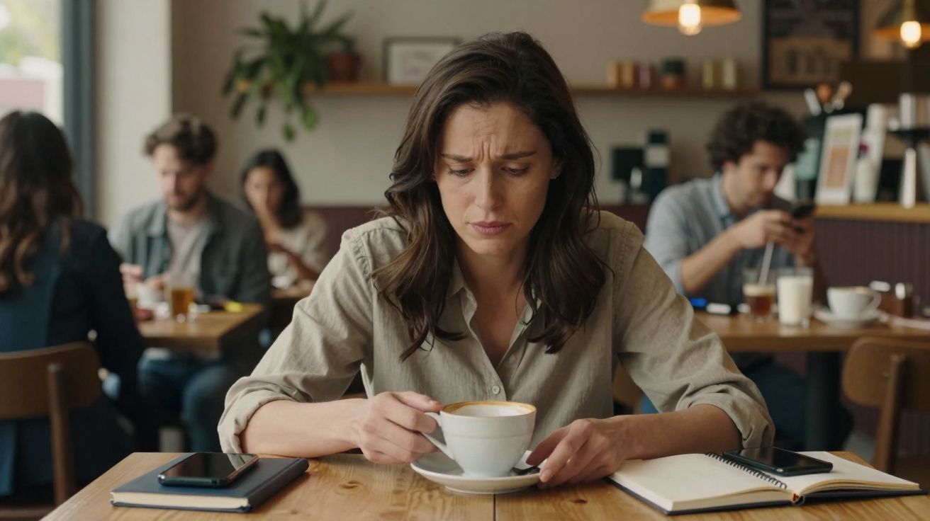 Mulher com expressão preocupada segurando xícara de café em cafeteria, com agenda e celular na mesa.