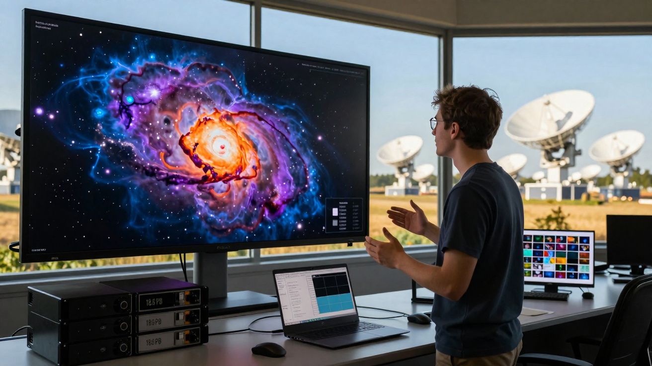 Pessoa observando imagem colorida de galáxia em tela grande em laboratório com antenas parabólicas ao fundo.